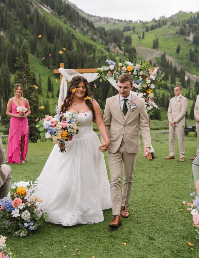 Hailey and Grant after their wedding ceremony at Snowpine Lodge in Alta, Utah