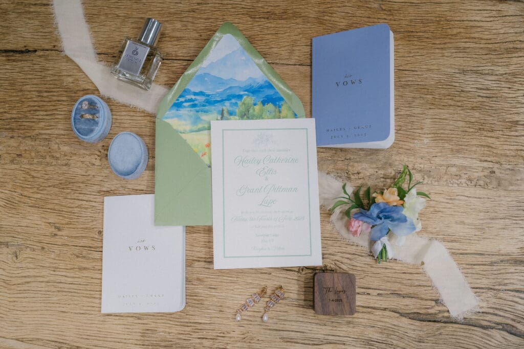 Hailey and Grant's wedding invitation suite for their Snowpine Lodge celebration