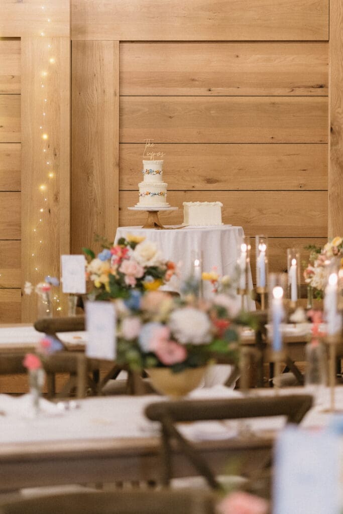 Wedding cake and floral reception decor at Snowpine Lodge in Alta, Utah