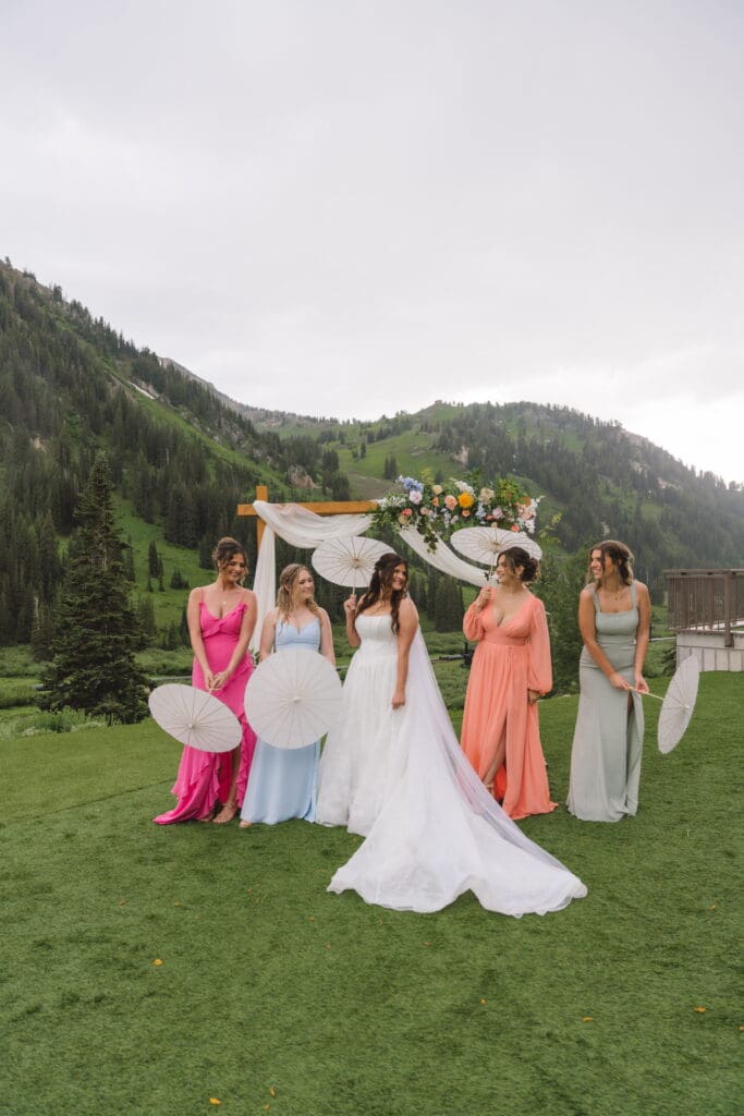Bride and bridesmaids at an outdoor Snowpine Lodge wedding in Alta, Utah
