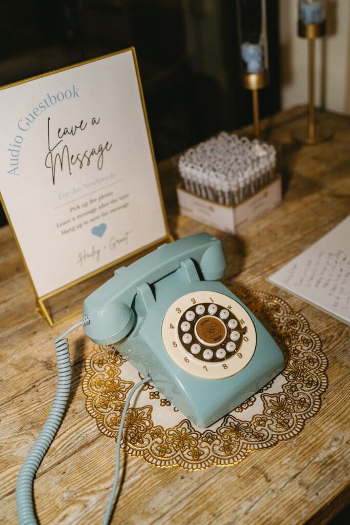 Vintage telephone audio guestbook at Hailey and Grant's Snowpine Lodge wedding