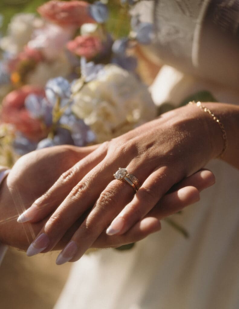 Hailey and Grant's wedding rings at Snowpine Lodge in Alta, Utah