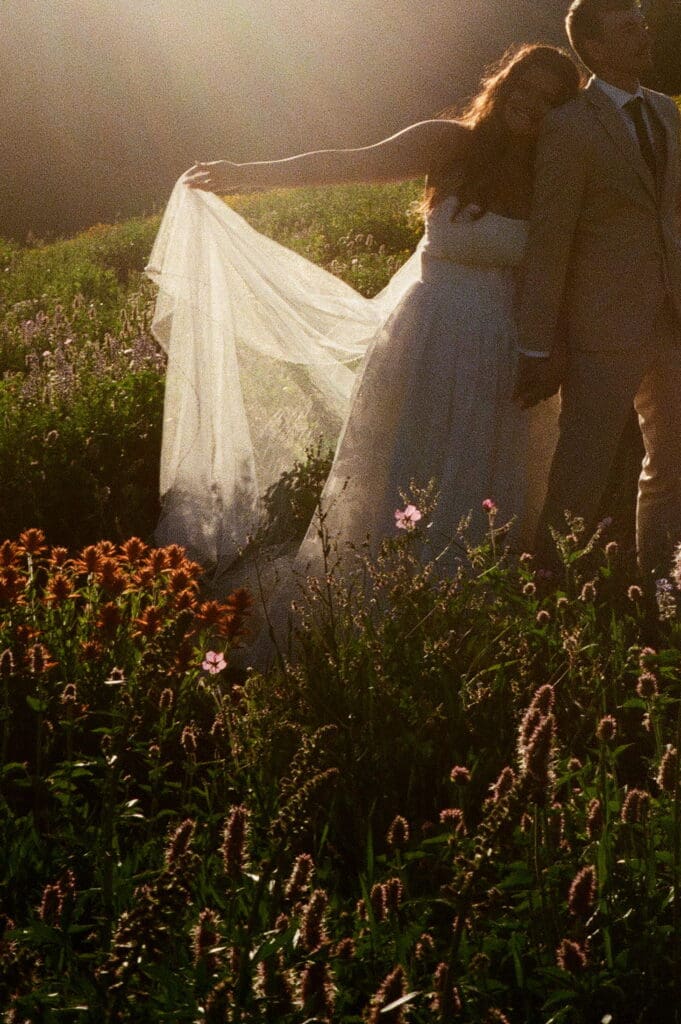Hailey and Grant during a sunset wedding portrait in the mountains of Alta, Utah