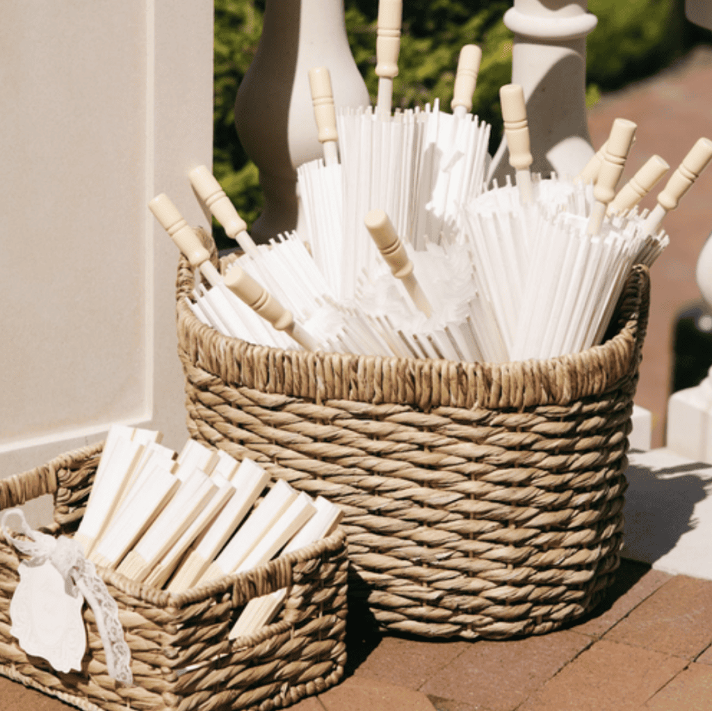 Wedding guest parasols arranged for an outdoor celebration at Siempre in Utah