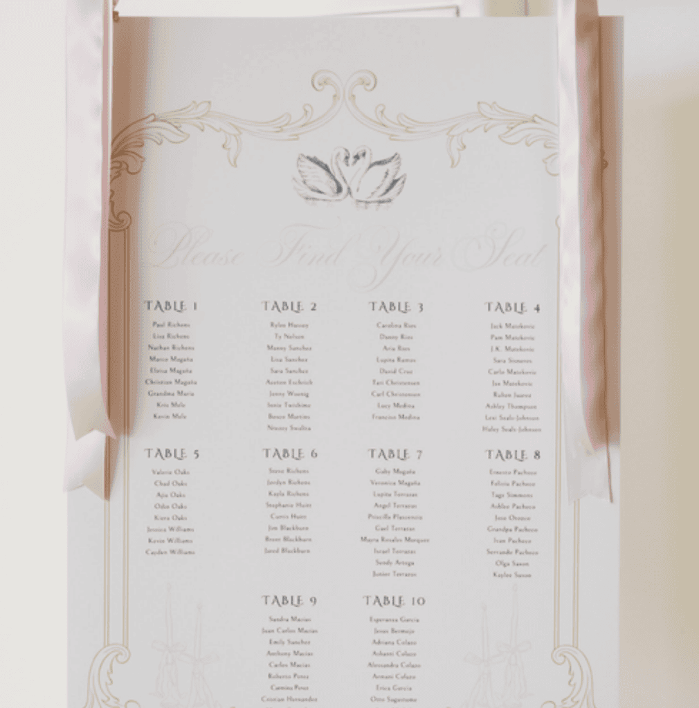 Elegant seating chart for Ashley and Alex's wedding reception at Siempre